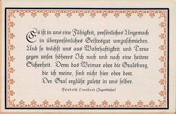 Spruchkarten von Friedrich Lienhards Werken, Jugendjahre; Es ist uns eine Fähigkeit... Vorderseite