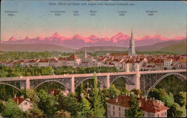 Bern. Blick auf Stadt und Alpen vom Kursaal Schänzli aus Vorderseite