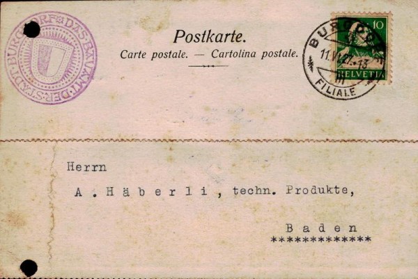 Bestellkarte, Bauamt, Burgdorf, 1927 Vorderseite