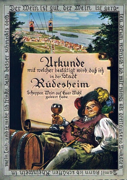 Wein-Urkunde Rüdesheim. Der Wein ist gut, der Wein ist geraten.... Vorderseite