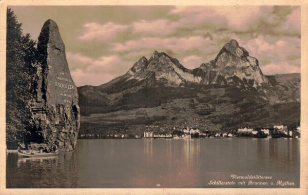 Vierwaldstättersee. Schillerstein mit Brunnen u. Mythen. 1928 Vorderseite