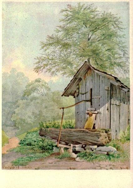 Keller Gottfriend, Bretterhütte mit Ziehbrunnen Vorderseite