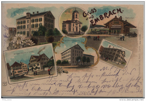 Embrach - farbige Litho - Schulhaus, Kirche, Bahnhof, Wildermann und Linde, Seidenzwirnerei, Handlun