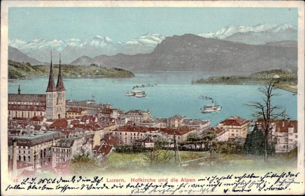 Luzern, Hofkirche und die Alpen Vorderseite