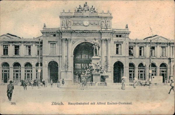 Zürich. Hauptbahnhof mit Alfred Escher-Denkmal Vorderseite