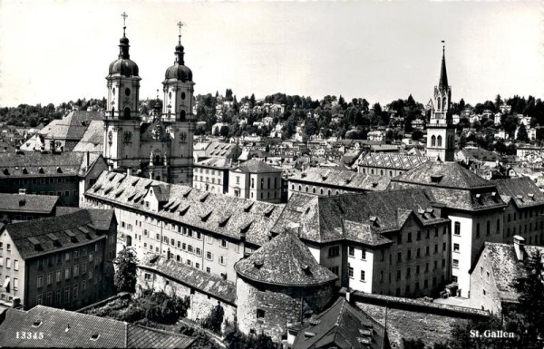 St. Gallen, Stiftskirche mit Rundturm& Stadtmauer, Regierungsgebäude & St. Laurenzerkirche Vorderseite