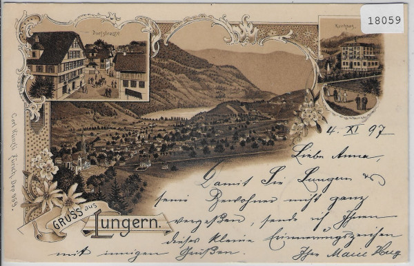 Gruss aus Lungern - Litho 1897 - Dorfstrasse, Kurhaus, Totalansicht