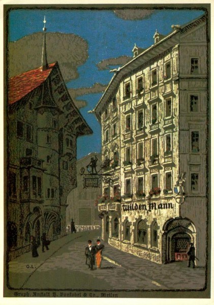 Werbe-Postkarte von ca. 1919 "Zum wilden Mann", Luzern Vorderseite