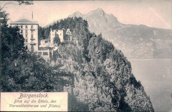 Bürgerstock, Blick auf die Hôtels, den Vierwaldstättersee und Pilatus Vorderseite