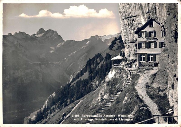 Berggasthaus Aescher-Wildkirchli mit Altmann, Rotsteinpass & Lisengrat Vorderseite