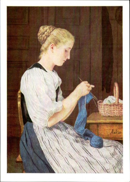 Albert Anker/Junges Mädchen am Tisch Strickend Vorderseite