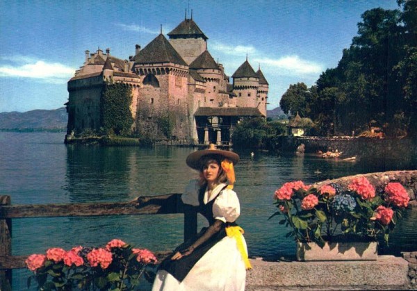 Lac Leman. Jeune fille en costume de Montreux et le Château de Chillon Vorderseite