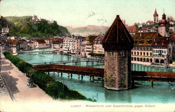 Wasserturm und Kapellbrücke gegen Gütsch um 1909 Vorderseite