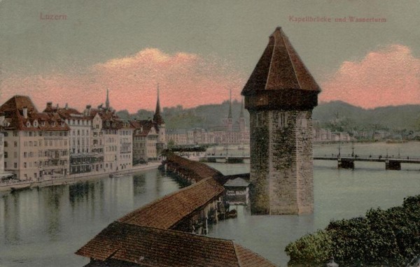 Kapellbrücke mit Wasserturm, Luzern vor 1905 Vorderseite