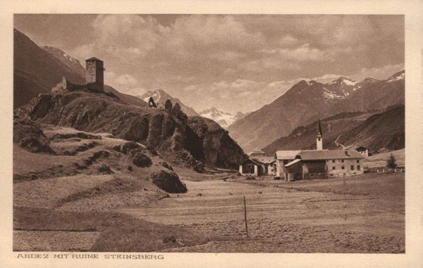 Ardez mit Ruine Steinsberg. Rhätische Bahn Vorderseite