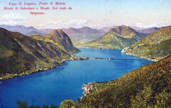 Lago di Lugano. Ponte di Melide. Monte S. Salvatore e Monte Bré visti da Serpiano