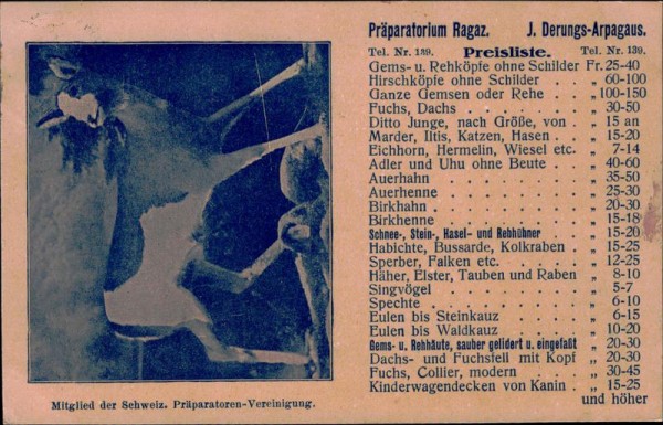 Präparatorium Ragaz, Preisliste Vorderseite