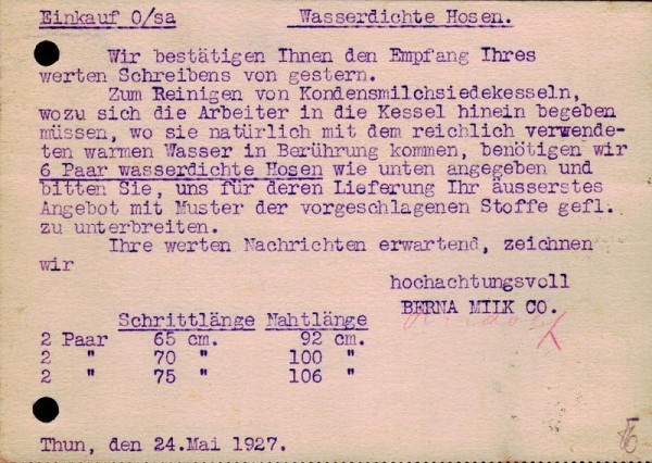 Bestellkarte, Berna Milk & Co, Thun, 1927 Vorderseite