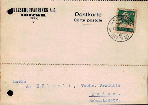 Bestellkarte, Holzschuhfabriken AG, Lotzwil, Bern, 1927 Vorderseite