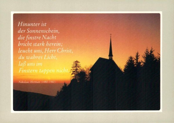Sonnenuntergang, Schwarzwald. "Hinunter ist der Sonnenschein..." Vers Nikolaus Herman Vorderseite