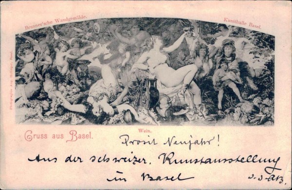 Gruss aus Basel, Wein, Brunnersche Wandgemälde Vorderseite