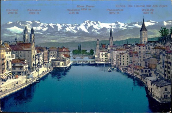 Zürich, Limmat mit den Alpen Vorderseite