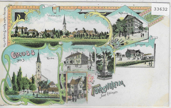 Gruss aus Forchheim Amt Ettlingen - Pfarrhaus, Schule, Bahnhof, Rathaus - Lithographie