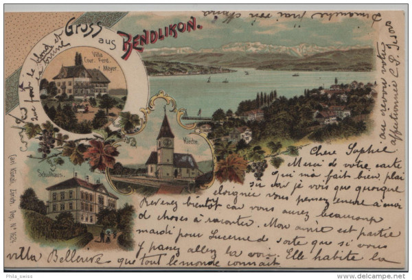 Bendlikon, Gruss aus - farbige Litho - Schulhaus, Villa Cour. Ferd. Meyer, Kirche