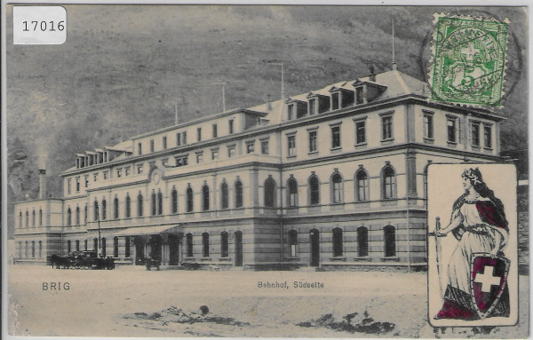 Brig - Bahnhof, Südseite - Kutsche, Helvetia, coloriert