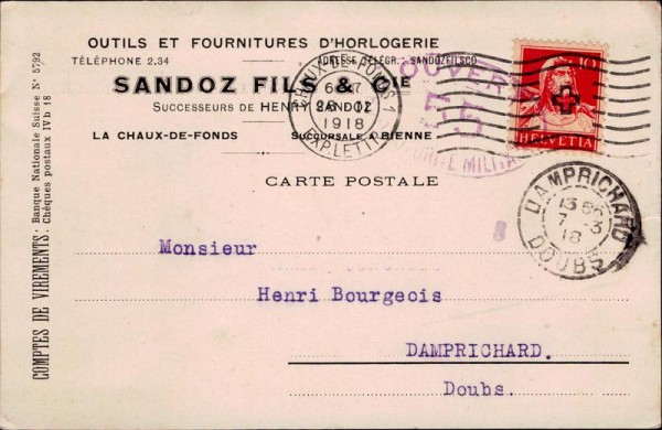 Postkarte von Sandoz Fils La Chaux-de-Fonds, Bienne Vorderseite