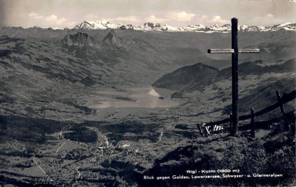 Rigi-Kulm Blick gegen Goldau, Lauerzersee, Schwyzer- u. Glarneralpen (Lowerzersee) Vorderseite