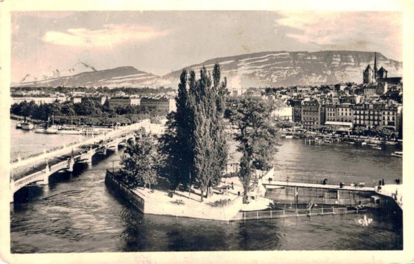 Genève - Pont des Bergues. Pont du Mt. Blanc, Ile J.J. Rousseau et Mont Blanc Vorderseite