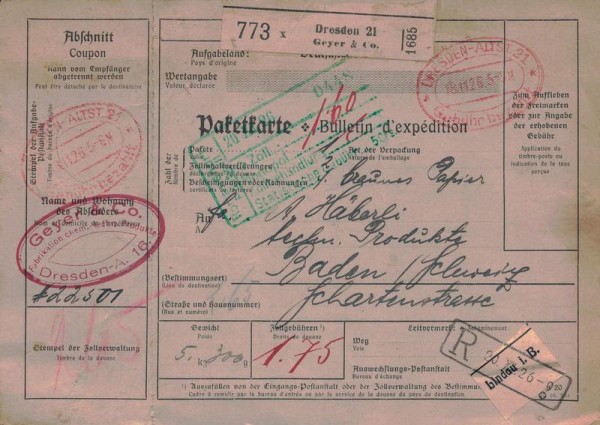 Paketkarte, A. Häberli, Baden AG, 1927 Vorderseite