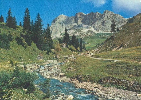 Am Weg St. Antönien-Partnun. Blick gegen Partnun und die Scheienflluh Vorderseite