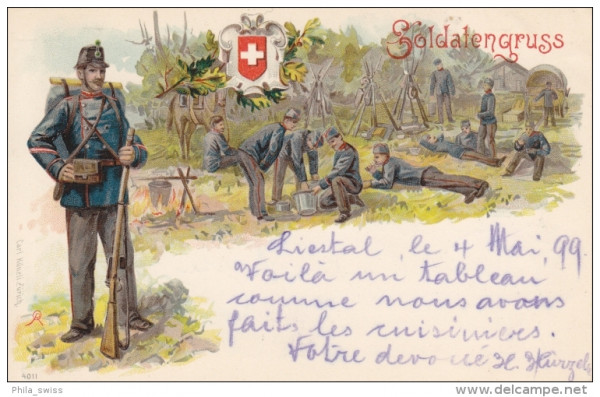 Soldatengruss aus Liestal - farbige Litho