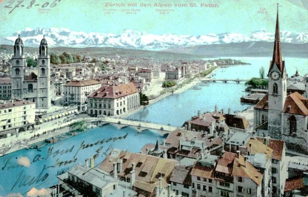 Zürich mit den Alpen vom St. Peter Vorderseite