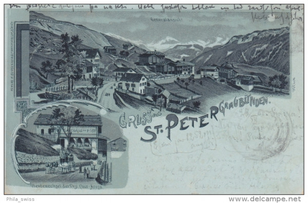 St. Peter, Gruss aus - Generalansicht, Pferdewechsel der Post Chur-Arosa - Mondscheinlitho (GR)