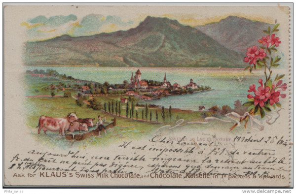 Klaus Swiss Milk Chocolate - Spiez et le Lac de Thoune, Thunersee - Litho