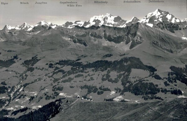 Adelboden. Restaurant Schwandfeldspitze, Blick auf die Berneralpen Vorderseite