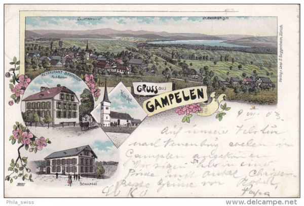 Gampelen, Gruss aus - Litho - Hauptansicht, Rest. Bahnhof, Post, Kirche, Schulhaus