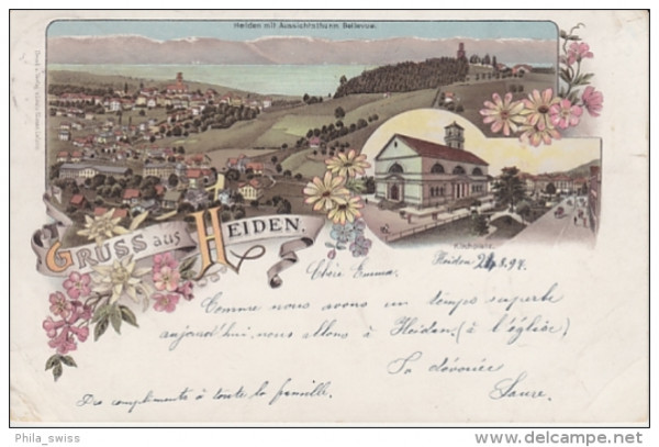Heiden, Gruss aus - farbige Litho - mit AussichtsturmBellvue, Kirchplatz