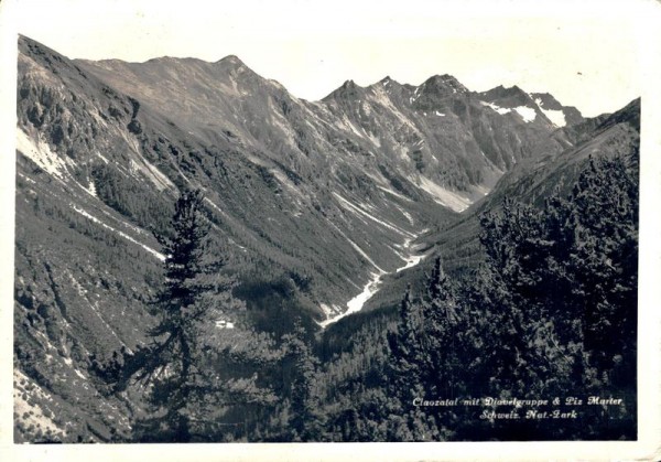 Cluozzatal mit Diavelgruppe u. Piz Marter (Cluozatal), Schweiz. Nat.-Park Vorderseite