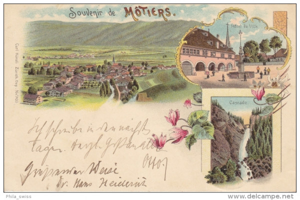 Motiers - farbige Litho - Vue generale, Hote de Ville, Cascade