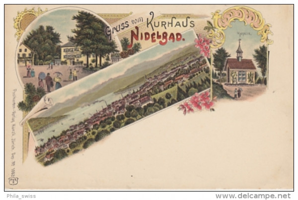 Rüschlikon - Gruss vom Kurhaus Nidelbad - farbige Litho - Kapelle