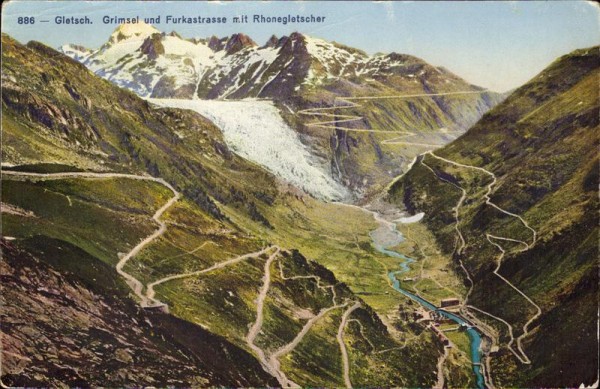 Gletsch, Grimsel und Furkastrasse mit Rhonegletscher Vorderseite