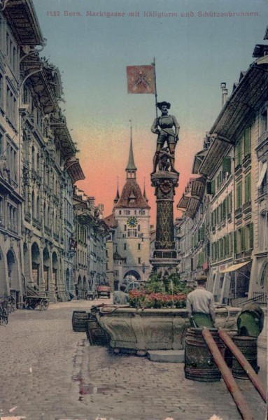 Bern - Marktgasse mit Käfigturm und Schützenbrunnen Vorderseite