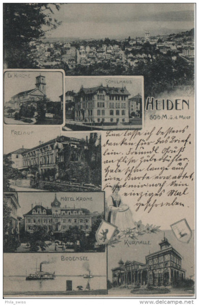 Heiden 806m.ü.M. - Ev. Kirche, Schulhaus, Freihof, Hotel Krone, Bodensee, Kurhalle, Totalansicht - K