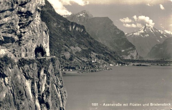 Axenstrasse mit Flüelen und Bristenstock Vorderseite