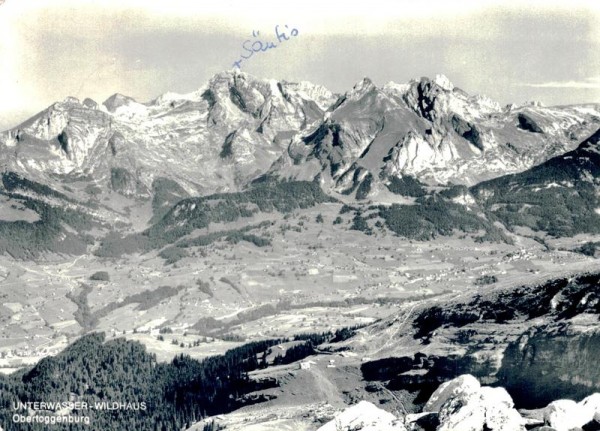 Unterwasser - Wildhaus, Obertoggenburg; Blick von Hinterrugg auf Stöfeli, Iltios, mit Säntismassiv Vorderseite