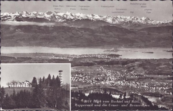 Blick vom Bachtel auf Rüti, Rapperswil und die Urner- und Berneralpen Vorderseite